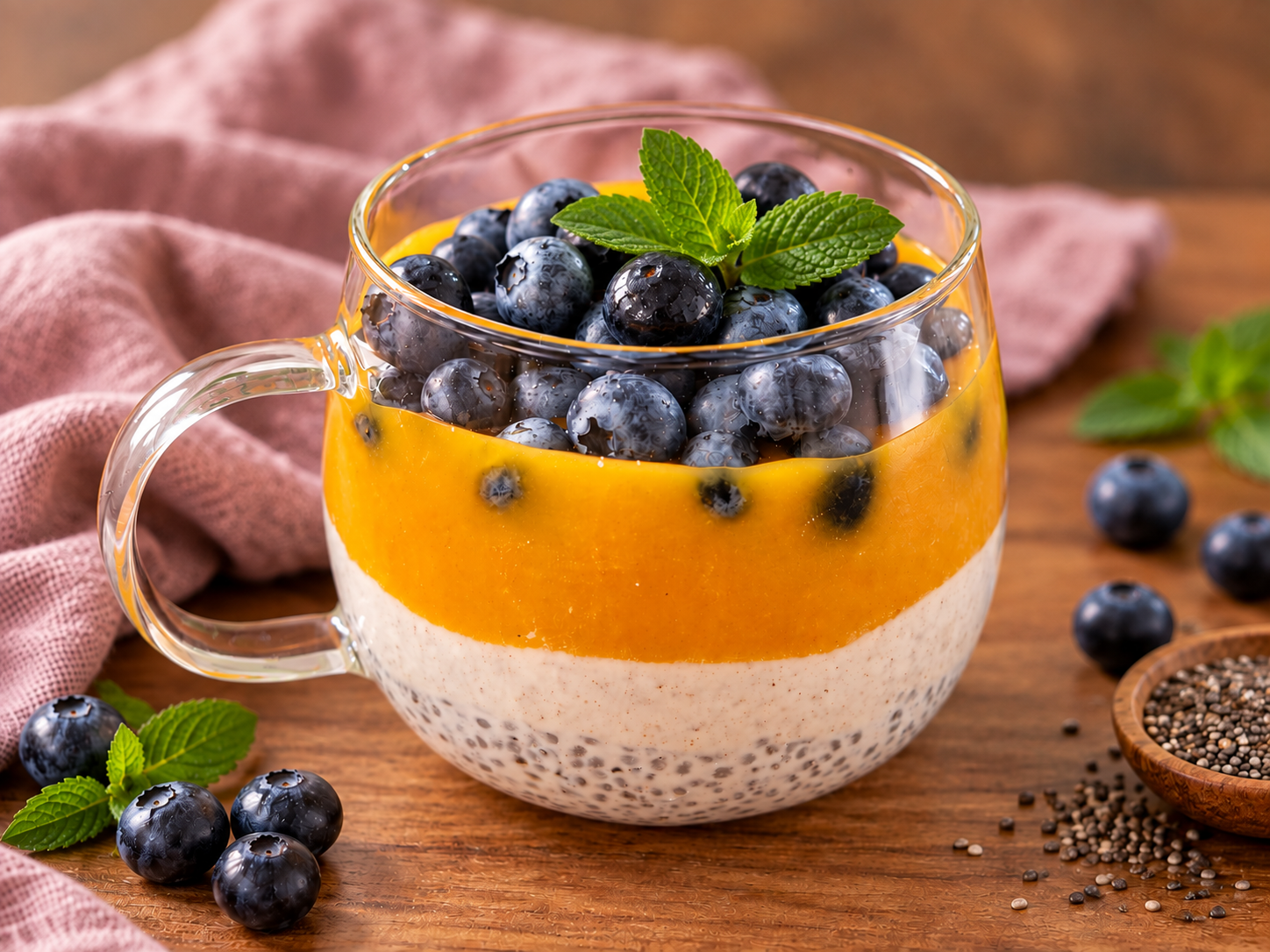Kihiline chia-dessert mango, mustikate ja kaneelise jogurtikreemiga